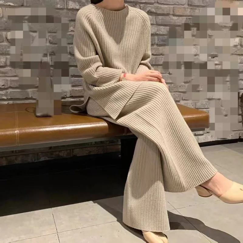 Women Fashion Two Piece Trouser Set Woolen Pullover Wide Leg Trouser Set Pure Round Neck Knitted Sweater