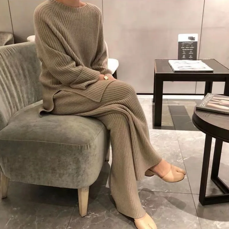 Women Fashion Two Piece Trouser Set Woolen Pullover Wide Leg Trouser Set Pure Round Neck Knitted Sweater