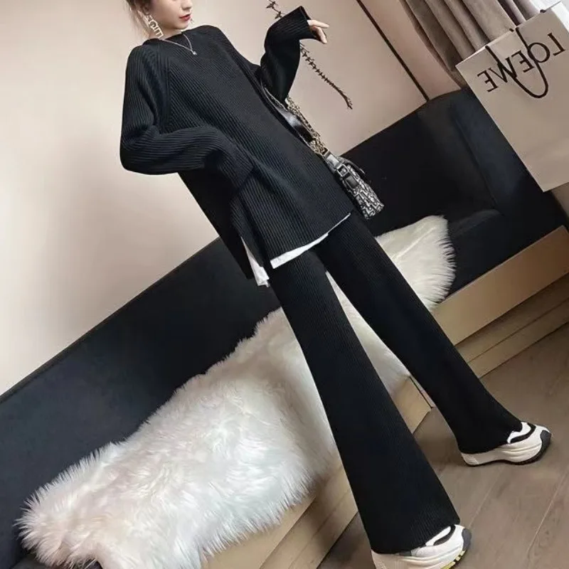 Women Fashion Two Piece Trouser Set Woolen Pullover Wide Leg Trouser Set Pure Round Neck Knitted Sweater