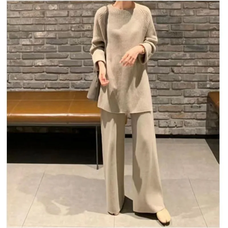 Women Fashion Two Piece Trouser Set Woolen Pullover Wide Leg Trouser Set Pure Round Neck Knitted Sweater