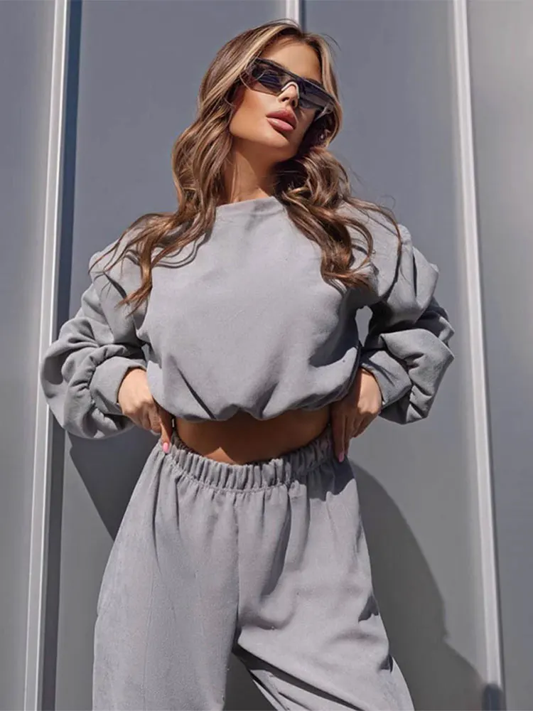 Women Corduroy 2 Piece Sets Casual Solid O-neck Pullover And Pants Loose Sweatshirt Trouser Suits