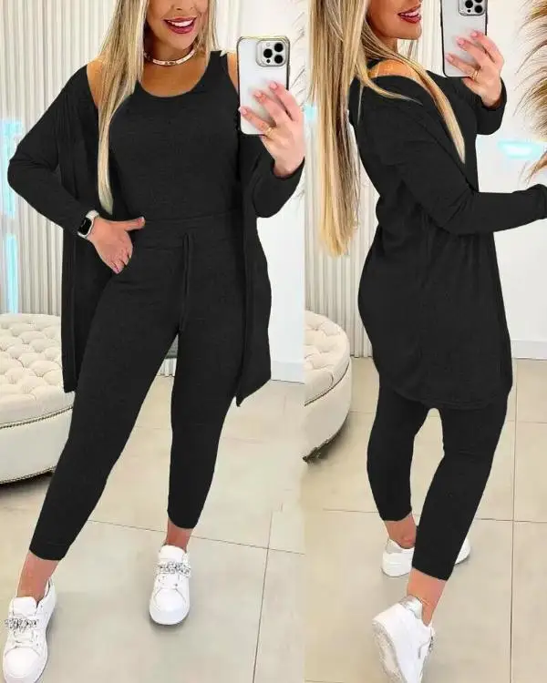 Women Elegant Fall Outfits Suit Fashion Versatile Casual Round Neck Tank Top & Drawstring Pants Set with Coat Three-piece