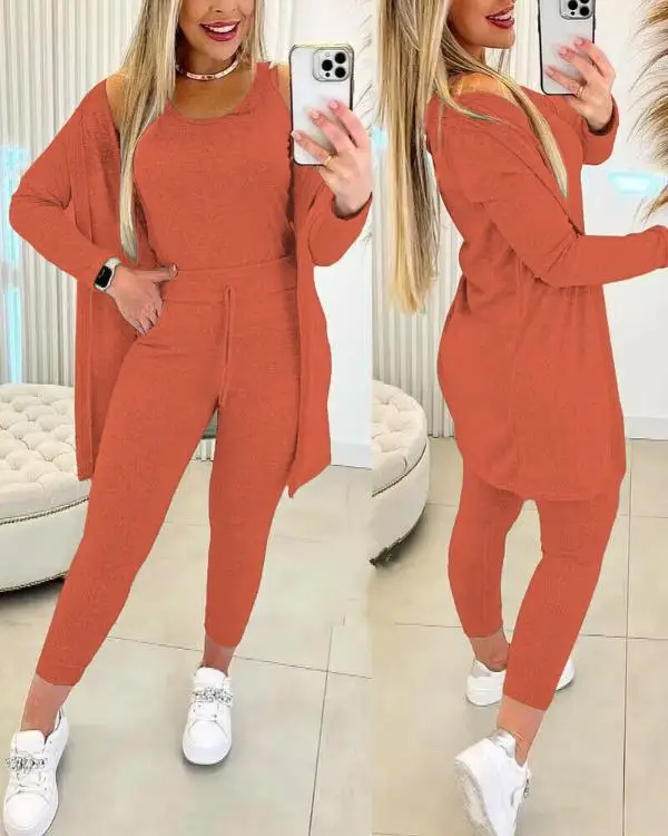 Women Elegant Fall Outfits Suit Fashion Versatile Casual Round Neck Tank Top & Drawstring Pants Set with Coat Three-piece