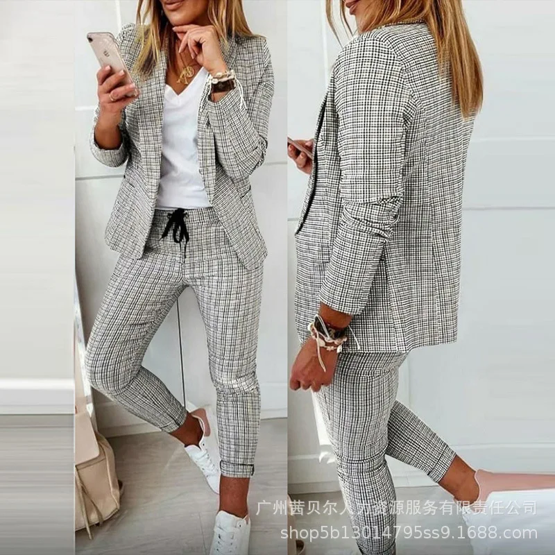 Woman Temperament Commuting Fashion Plaid Slim Lapel Long Sleeve Blazer & Drawstring Pants Set