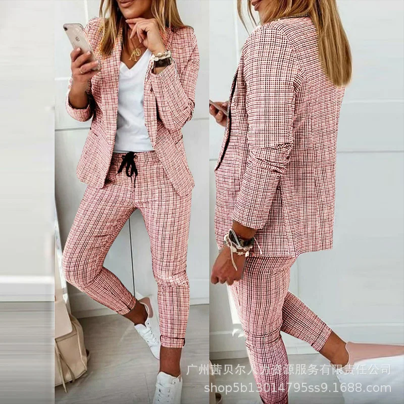 Woman Temperament Commuting Fashion Plaid Slim Lapel Long Sleeve Blazer & Drawstring Pants Set