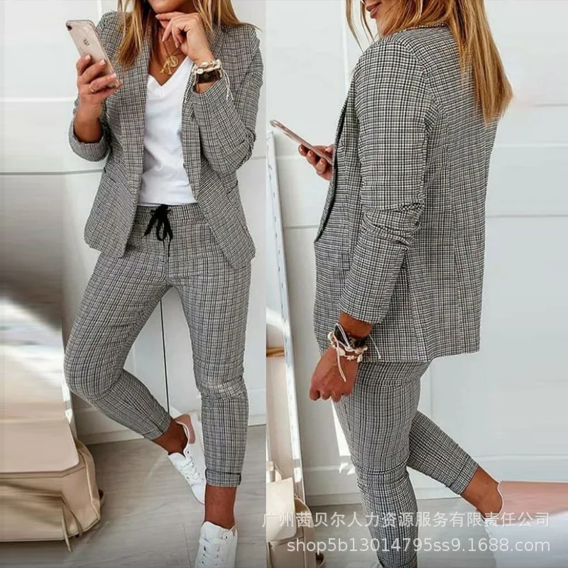 Woman Temperament Commuting Fashion Plaid Slim Lapel Long Sleeve Blazer & Drawstring Pants Set