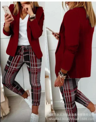 Woman Temperament Commuting Fashion Plaid Slim Lapel Long Sleeve Blazer & Drawstring Pants Set