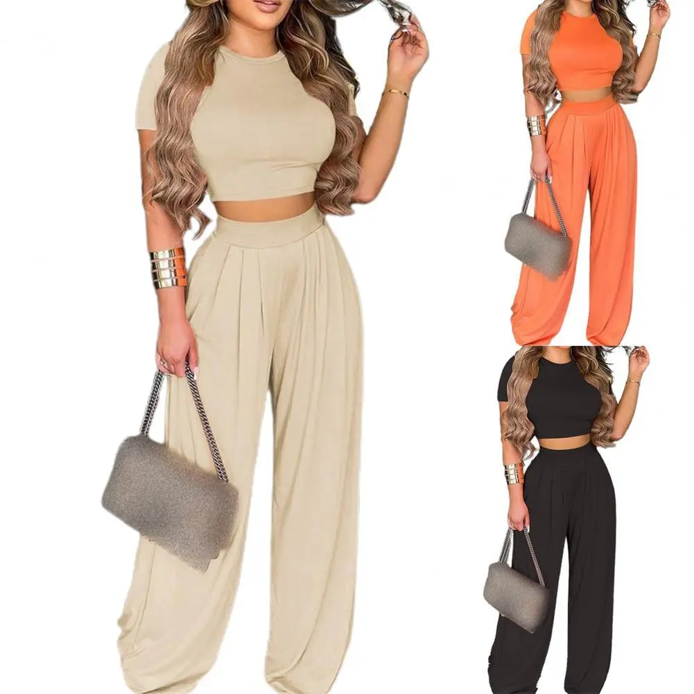 Women Two Piece Set Fashion O-Neck Slim Tops And Wide Leg Pants Suits Casual Outfits