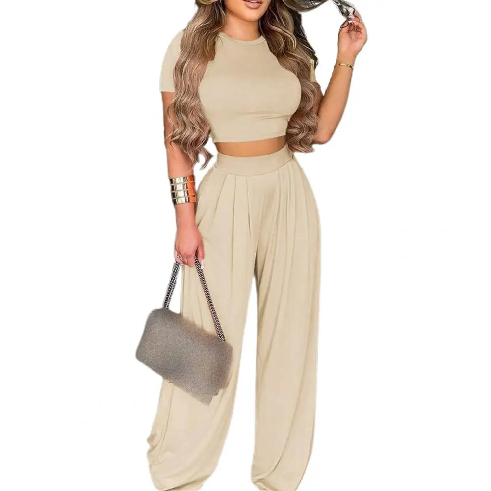 Women Two Piece Set Fashion O-Neck Slim Tops And Wide Leg Pants Suits Casual Outfits