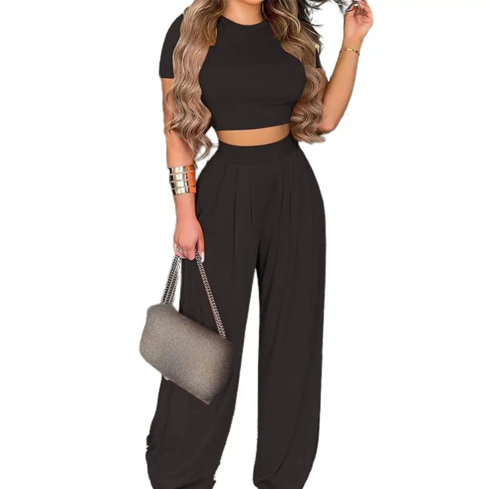 Women Two Piece Set Fashion O-Neck Slim Tops And Wide Leg Pants Suits Casual Outfits