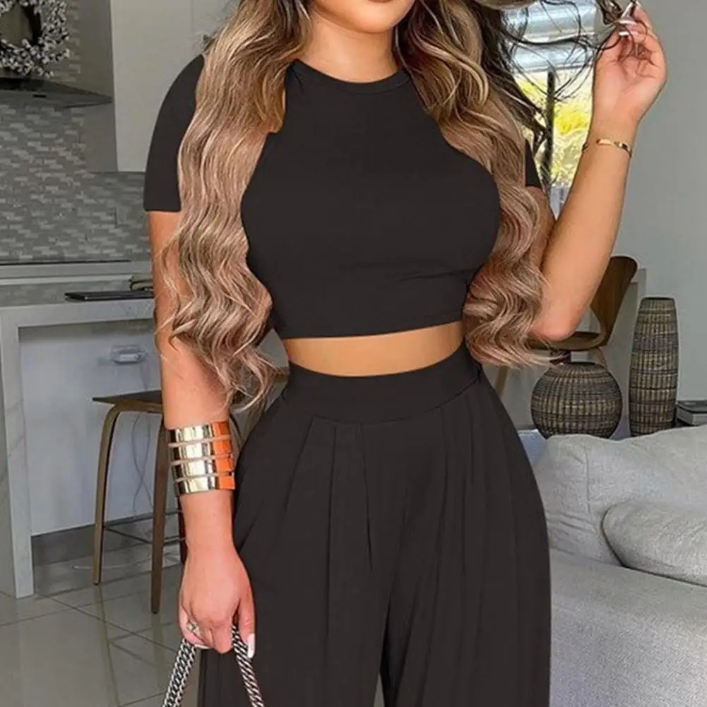 Women Two Piece Set Fashion O-Neck Slim Tops And Wide Leg Pants Suits Casual Outfits