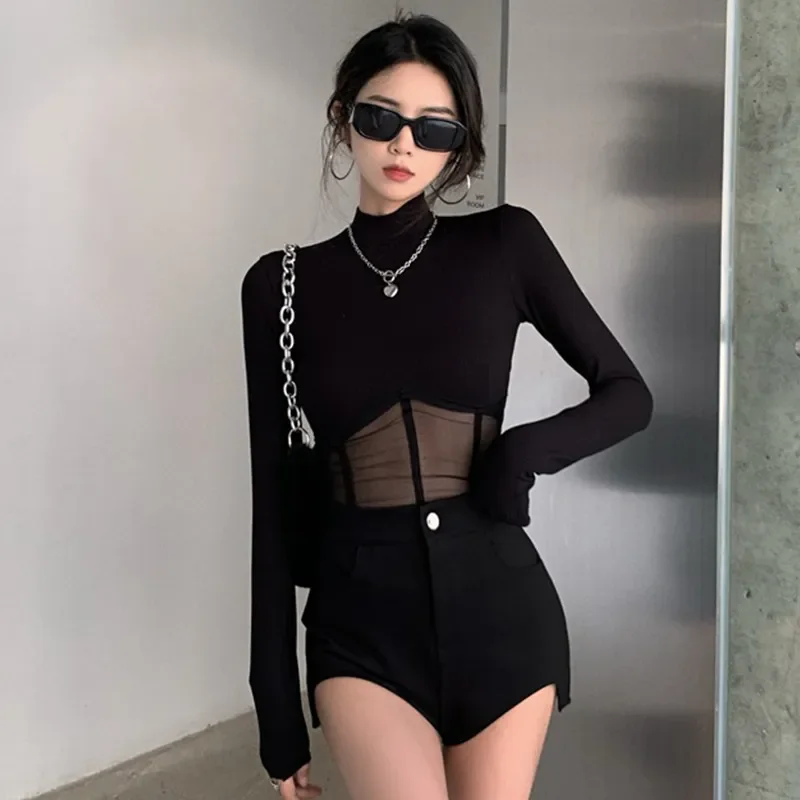 Women T-shirts Sexy Transparent Mesh Crop Tops Long Sleeve Shirts Clubwear Skinny Slim Tees Clothes