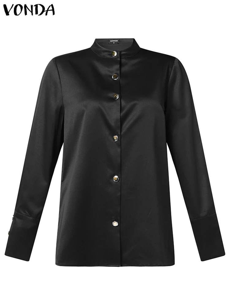 Women Elegant Shirts Long Sleeve Buttons Stylish Tops Stand Collar Casual Blouses