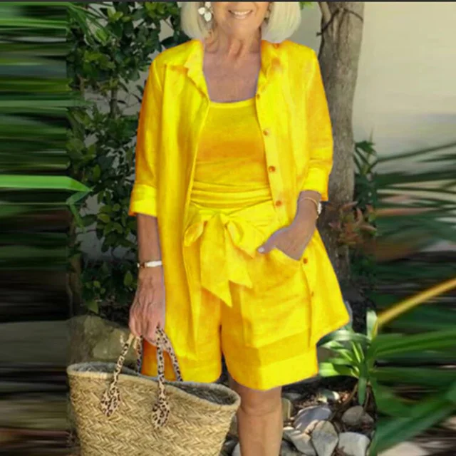 Women Three Piece Sets Loose Solid Suits Casual Sling Tops + Pocket Shorts + Shirt Coat Outfits Streetwear