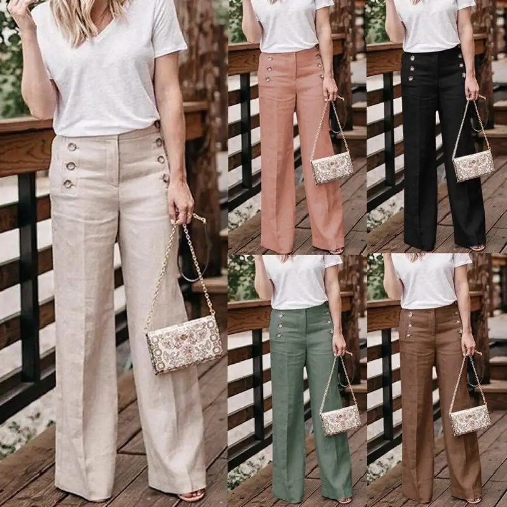 Women Solid Color Buttons High Waist Wide Leg Pants Cotton Linen Long Trousers Loose Pants All-match