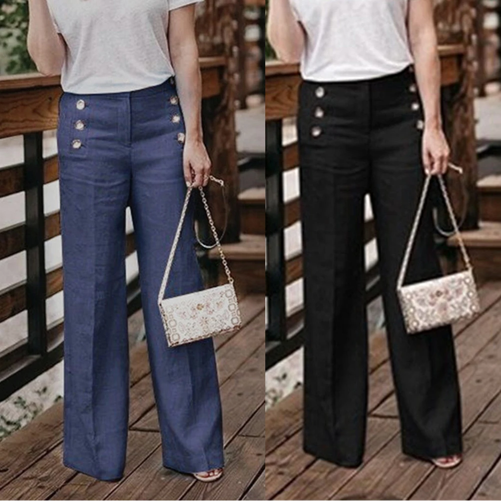 Women Solid Color Buttons High Waist Wide Leg Pants Cotton Linen Long Trousers Loose Pants All-match