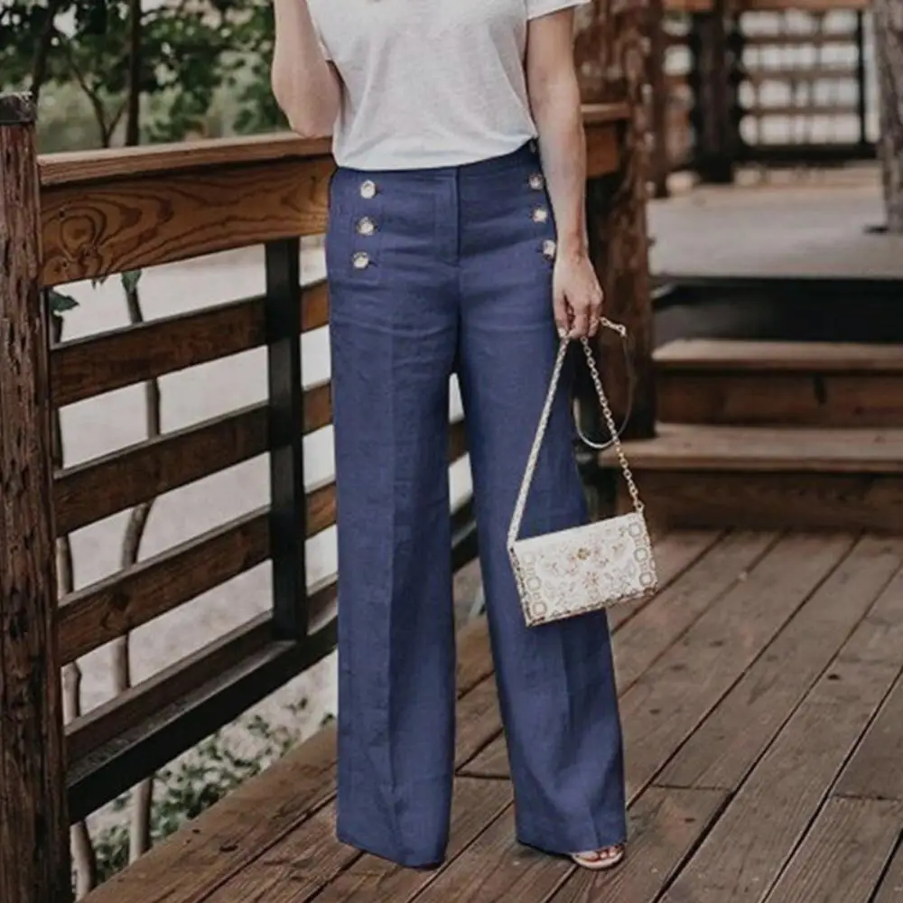 Women Solid Color Buttons High Waist Wide Leg Pants Cotton Linen Long Trousers Loose Pants All-match