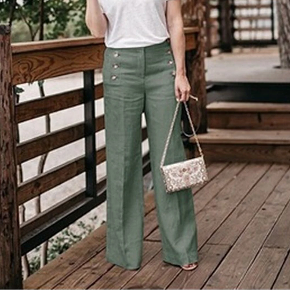 Women Solid Color Buttons High Waist Wide Leg Pants Cotton Linen Long Trousers Loose Pants All-match