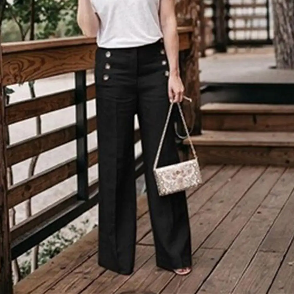 Women Solid Color Buttons High Waist Wide Leg Pants Cotton Linen Long Trousers Loose Pants All-match