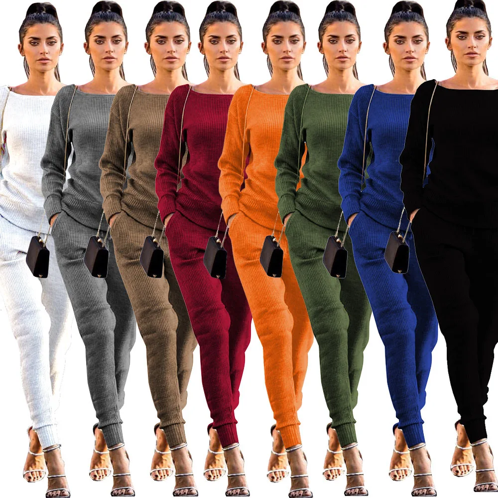 Women two piece set knitted sweater long sleeve pants 2 piece set suits