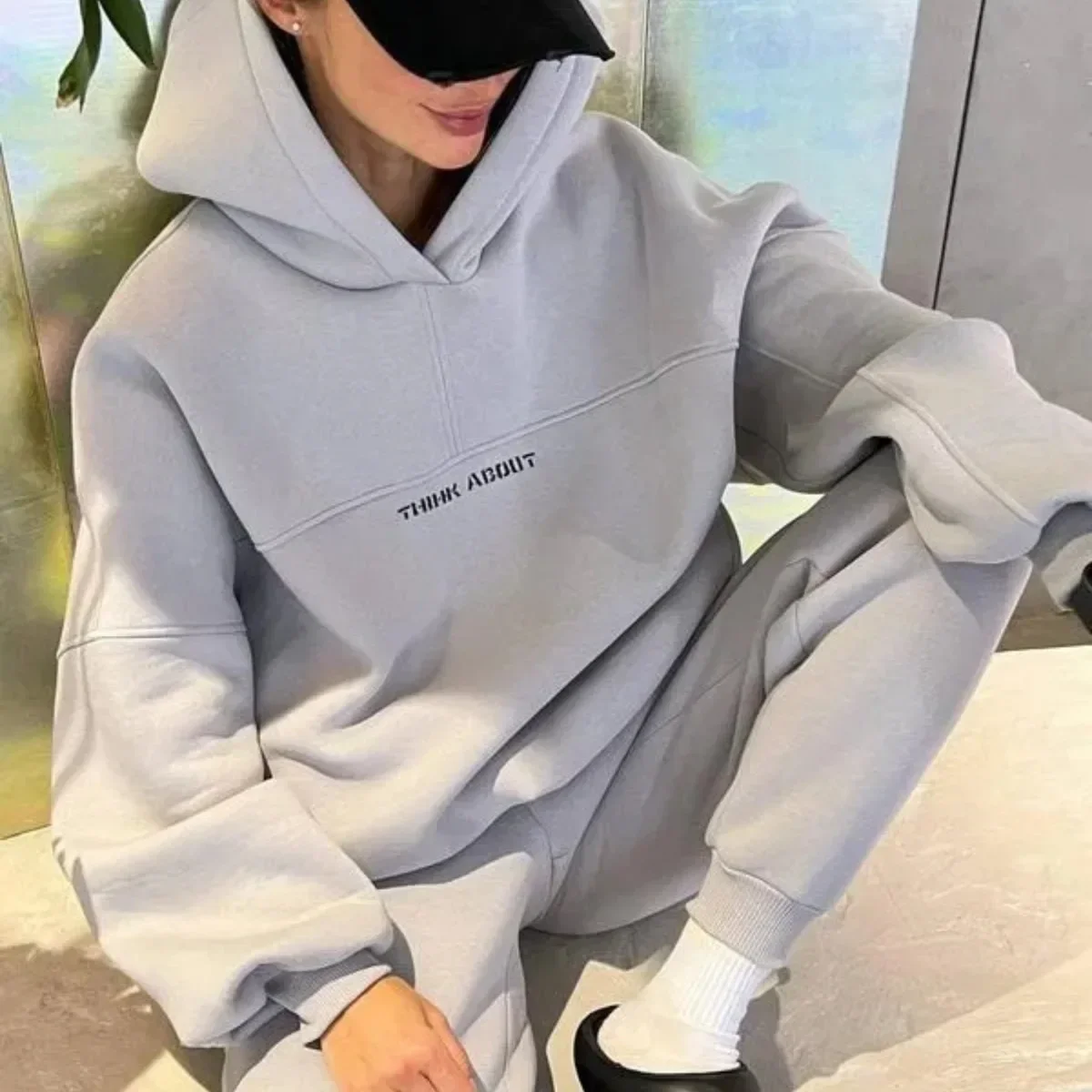 Women's Outfits Tracksuit Tops Hoodies Straight Long Print Letter Loose Pants