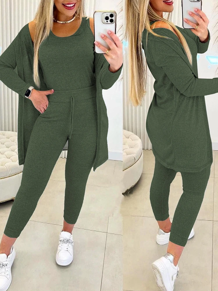 Women Fall Three Piece Set Casual Tank Top & Drawstring Pants & Coat Suits Long Matching