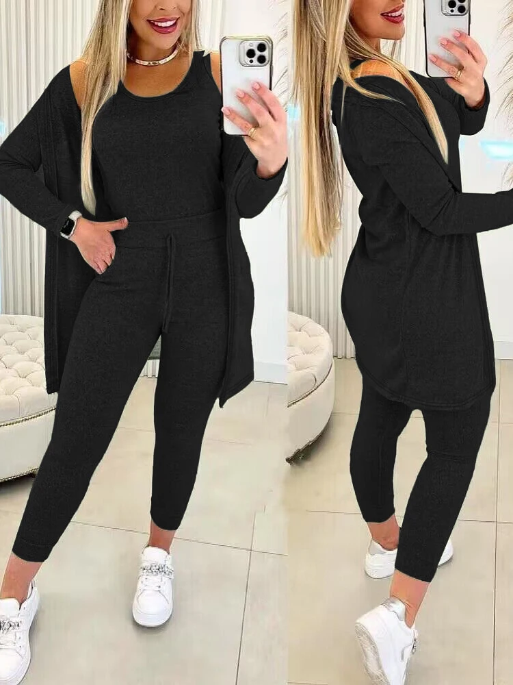 Women Fall Three Piece Set Casual Tank Top & Drawstring Pants & Coat Suits Long Matching