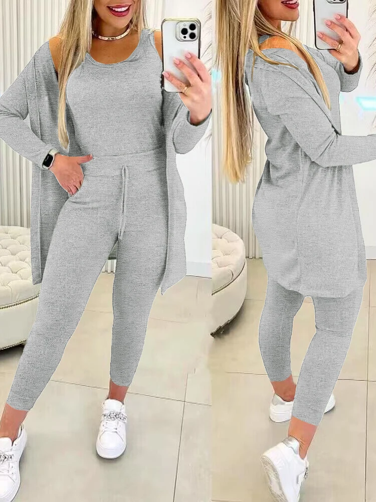 Women Fall Three Piece Set Casual Tank Top & Drawstring Pants & Coat Suits Long Matching