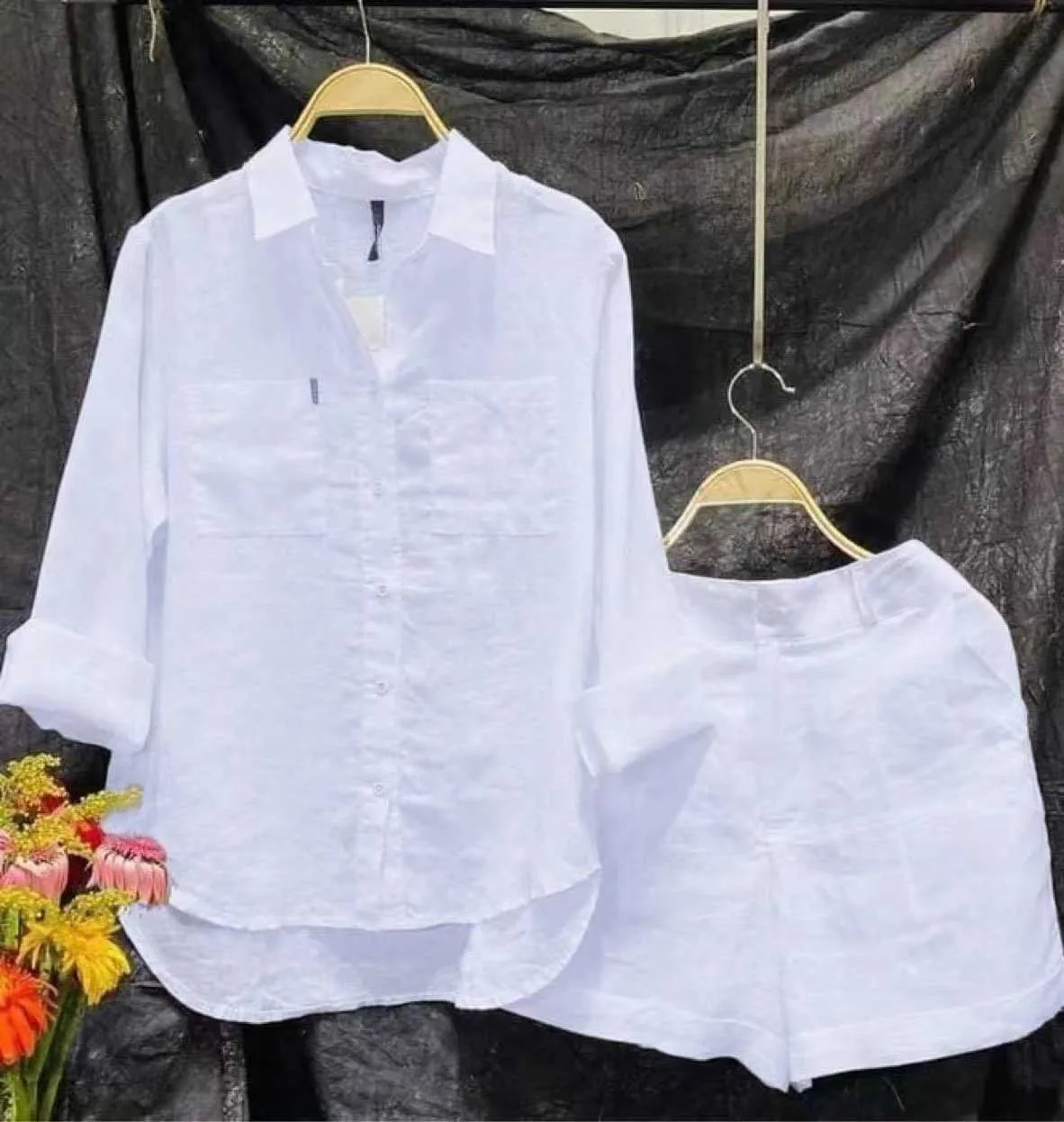 Women Fashion White Long Sleeve Shirt And Shorts Two Piece Sets Cotton Linen Casual