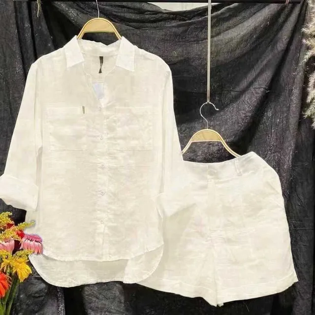 Women Fashion White Long Sleeve Shirt And Shorts Two Piece Sets Cotton Linen Casual