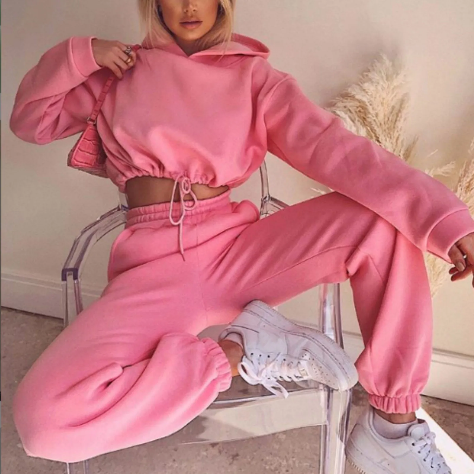 Women's 2 Piece Sets Crop Top Sweater Casual Long Sleeve Solid Color Loose Suit Hoodie Tracksuit