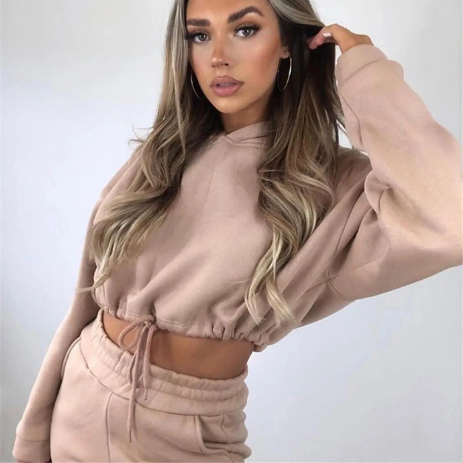 Women's 2 Piece Sets Crop Top Sweater Casual Long Sleeve Solid Color Loose Suit Hoodie Tracksuit