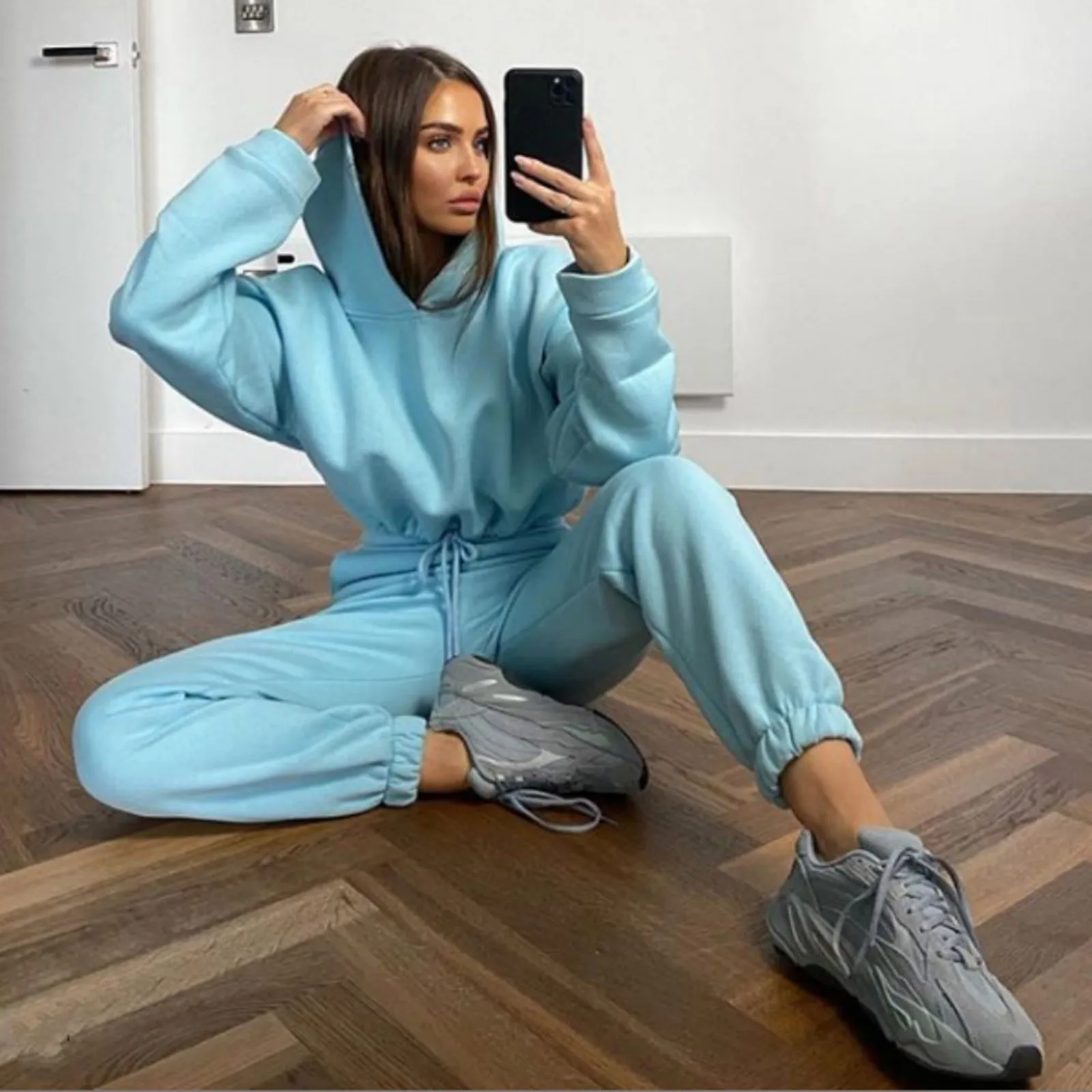 Women's 2 Piece Sets Crop Top Sweater Casual Long Sleeve Solid Color Loose Suit Hoodie Tracksuit