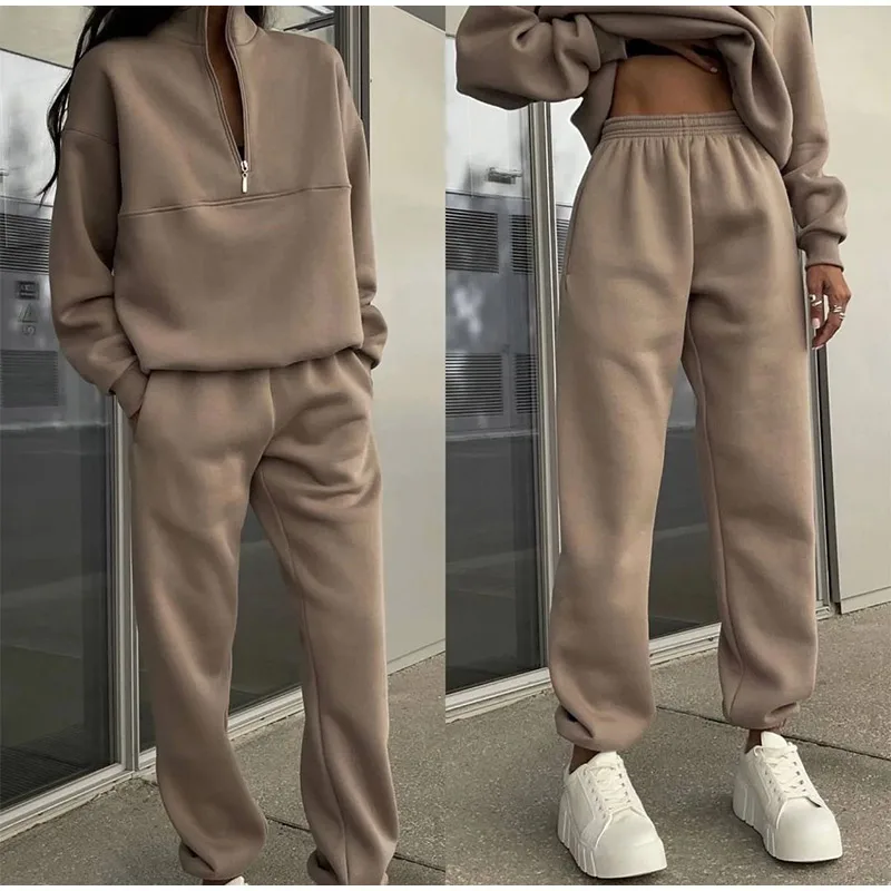 Women Fleece Tracksuit Solid Two Piece Pants Set Casual Long Sleeve Zipper Pullover Outfits  Winter Female Warm Sports Suit