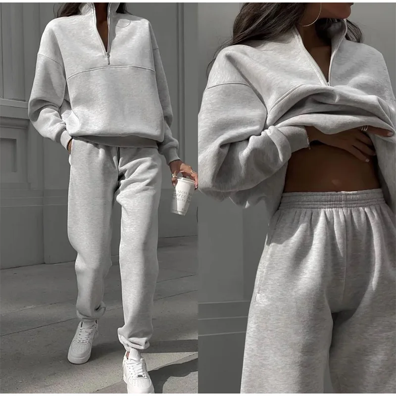 Women Fleece Tracksuit Solid Two Piece Pants Set Casual Long Sleeve Zipper Pullover Outfits  Winter Female Warm Sports Suit