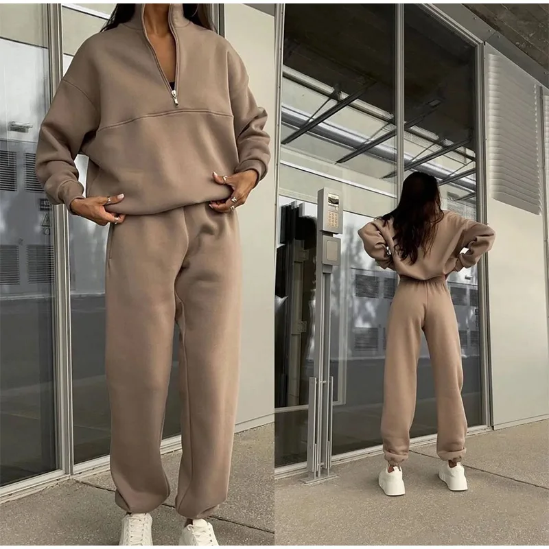 Women Fleece Tracksuit Solid Two Piece Pants Set Casual Long Sleeve Zipper Pullover Outfits  Winter Female Warm Sports Suit