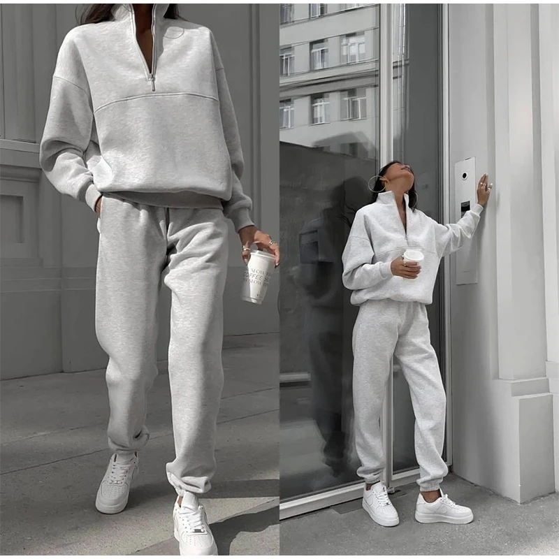 Women Fleece Tracksuit Solid Two Piece Pants Set Casual Long Sleeve Zipper Pullover Outfits  Winter Female Warm Sports Suit