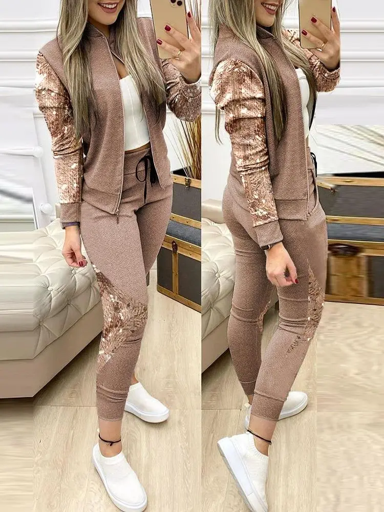 Women Two Piece Set Outfits Tracksuit Zipper Top Pants Casual Sport Suit