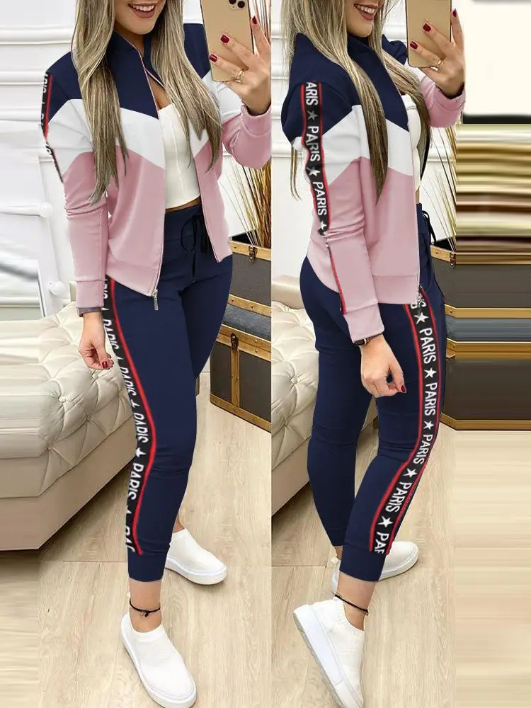 Women Two Piece Set Outfits Tracksuit Zipper Top Pants Casual Sport Suit