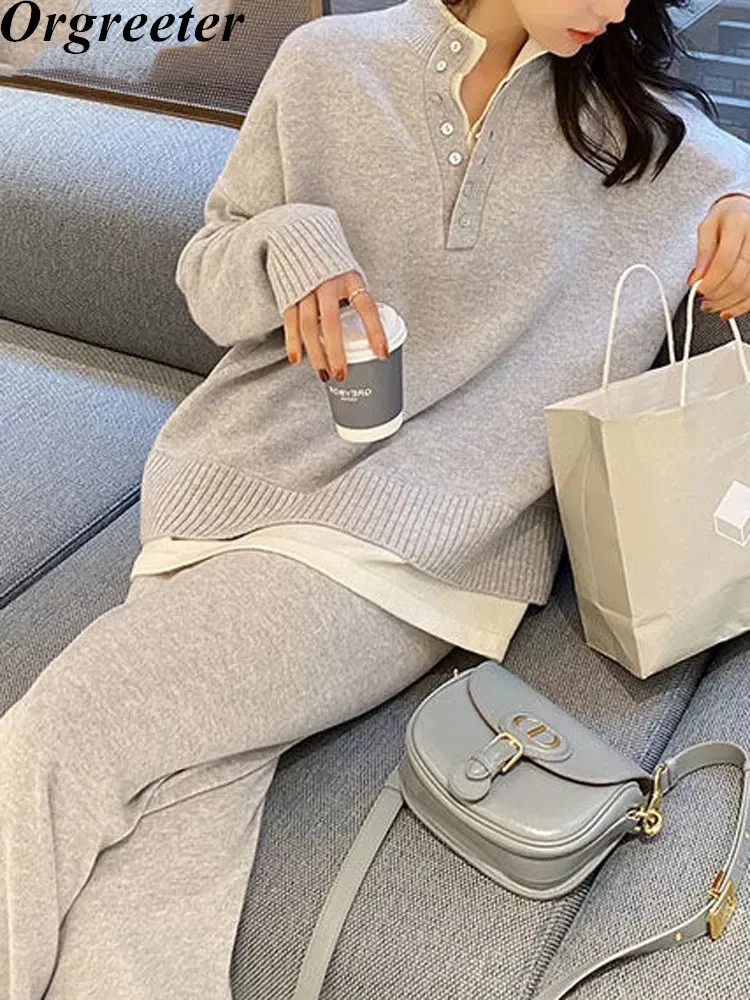 Women Knitted Trousers Set Long Sleeve Pullovers & Elastic Waist Wide Leg Pants Sweater SetWomen