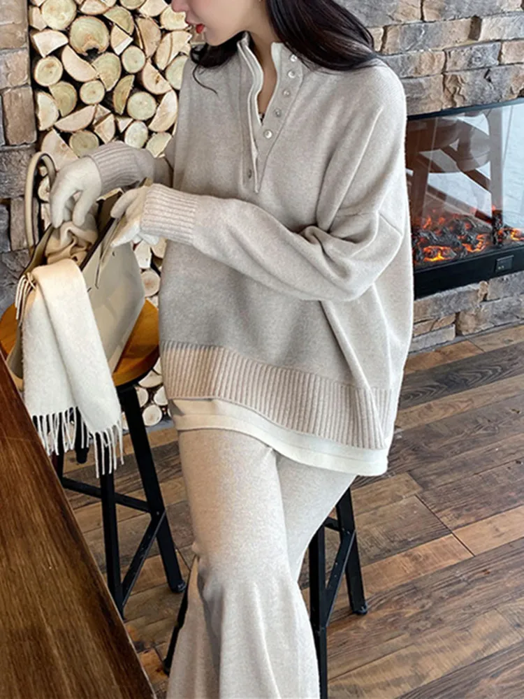 Women Knitted Trousers Set Long Sleeve Pullovers & Elastic Waist Wide Leg Pants Sweater SetWomen