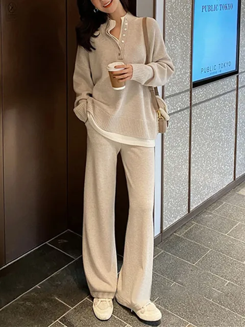 Women Knitted Trousers Set Long Sleeve Pullovers & Elastic Waist Wide Leg Pants Sweater SetWomen