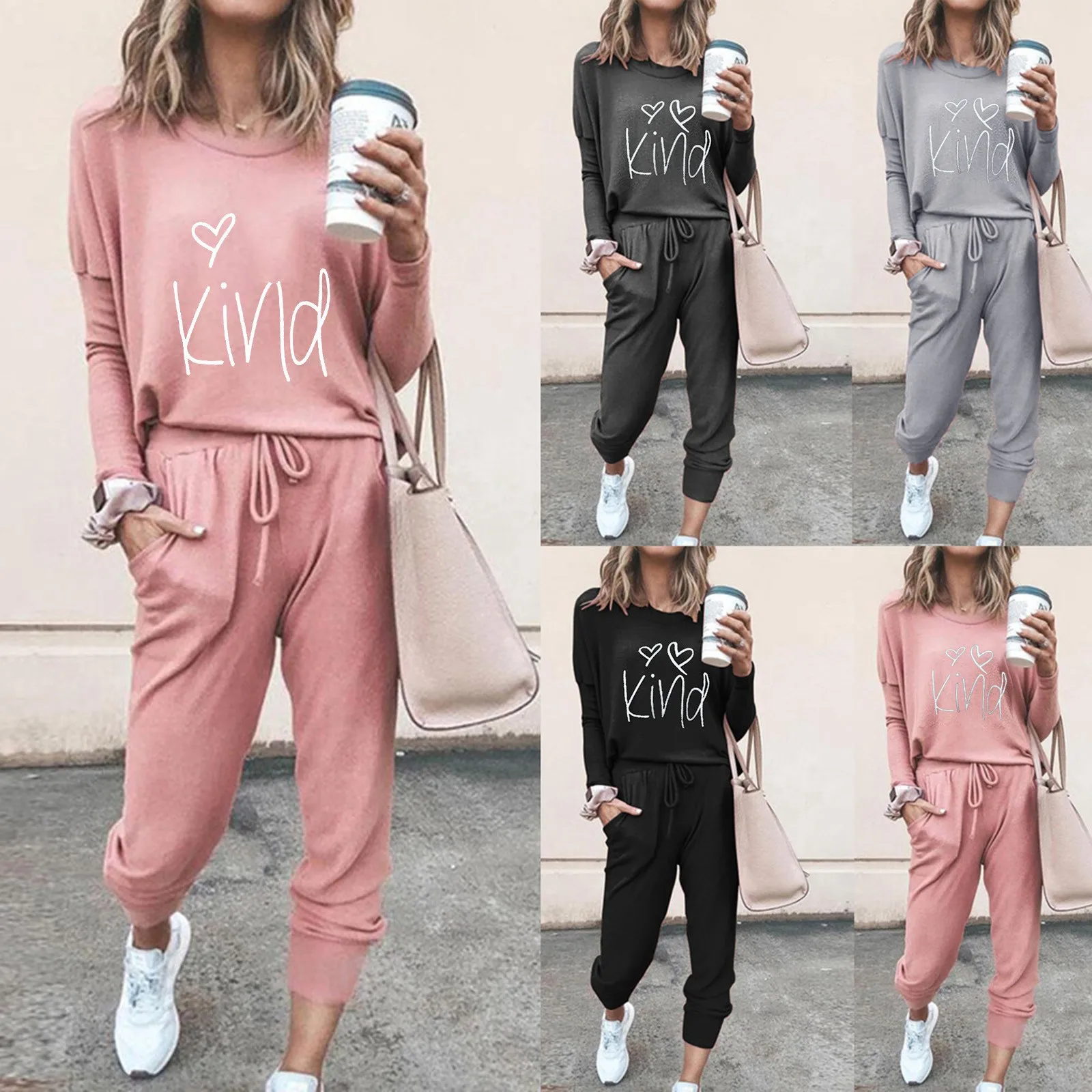Women Solid Color Pullover Sets Loose Drawstring Pants Sweat suits O-Neck Bandage Fashion Long Sleeve Tracksuit