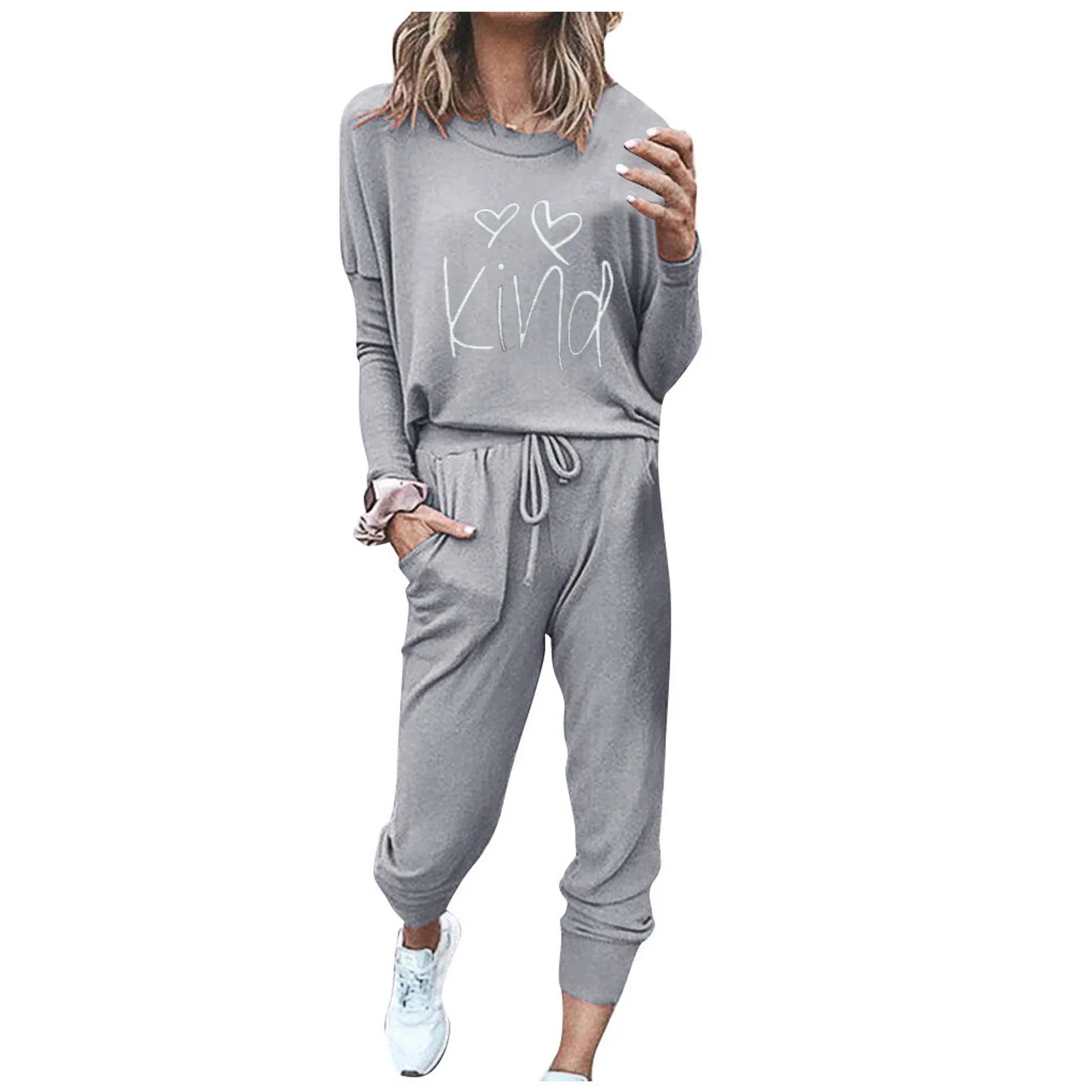 Women Solid Color Pullover Sets Loose Drawstring Pants Sweat suits O-Neck Bandage Fashion Long Sleeve Tracksuit