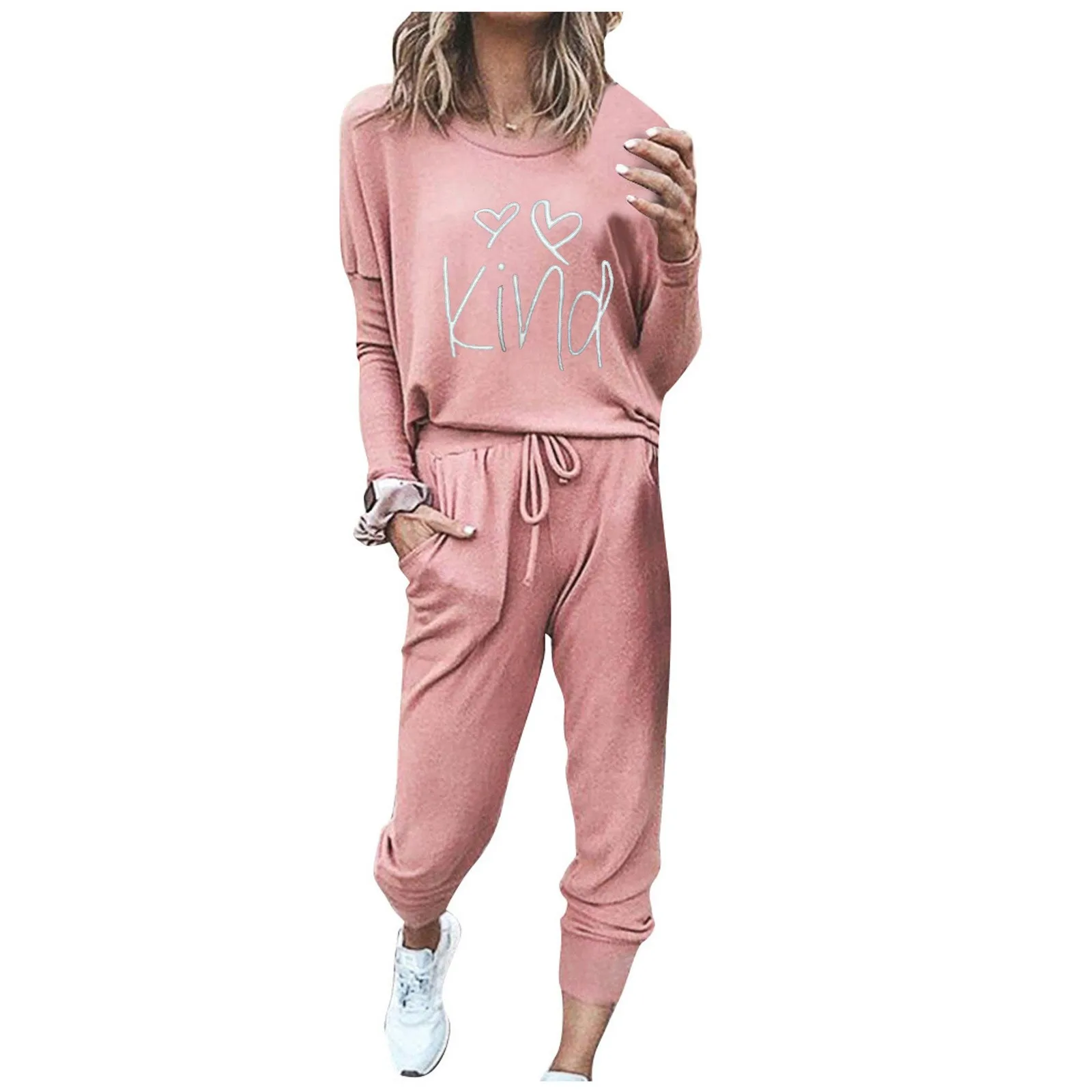 Women Solid Color Pullover Sets Loose Drawstring Pants Sweat suits O-Neck Bandage Fashion Long Sleeve Tracksuit