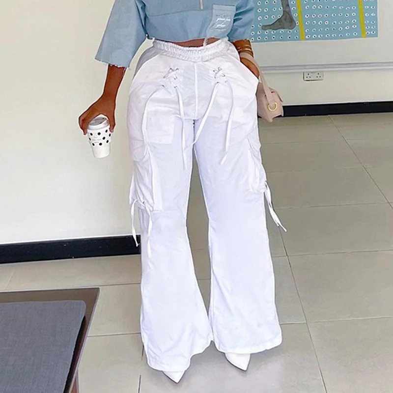 Women Lace Up Pockets White Pants Casual Fashion Elastic Waisted Straight Trousers All-match Concise Clothes