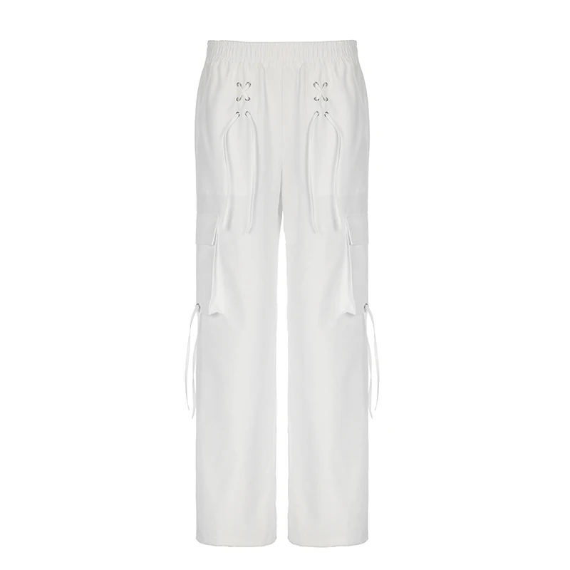 Women Lace Up Pockets White Pants Casual Fashion Elastic Waisted Straight Trousers All-match Concise Clothes