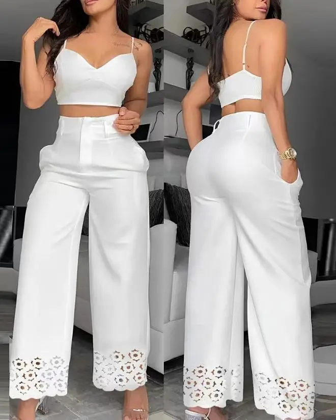 Women Two Piece Sets Outfits Fashion V-Neck Cami Crop Top & Casual White Hollow Out Wide Leg High Waist Pants Set