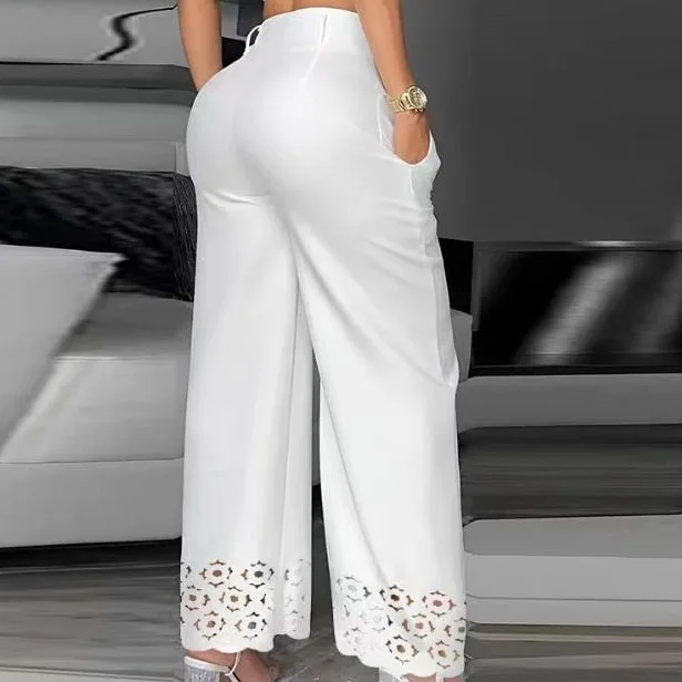 Women Two Piece Sets Outfits Fashion V-Neck Cami Crop Top & Casual White Hollow Out Wide Leg High Waist Pants Set