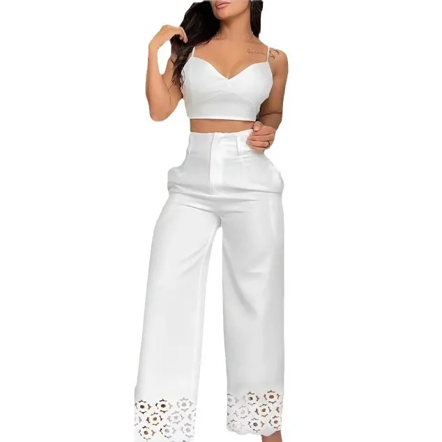 Women Two Piece Sets Outfits Fashion V-Neck Cami Crop Top & Casual White Hollow Out Wide Leg High Waist Pants Set